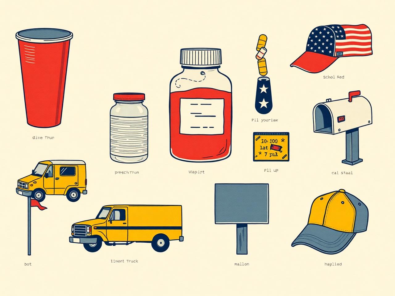 Specimen sheet of distinctly American objects: red Solo cup, prescription bottle, mailbox, baseball cap, school bus