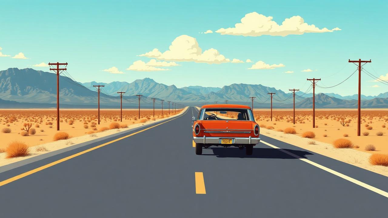 Vintage station wagon driving down a desert highway under a wide blue sky